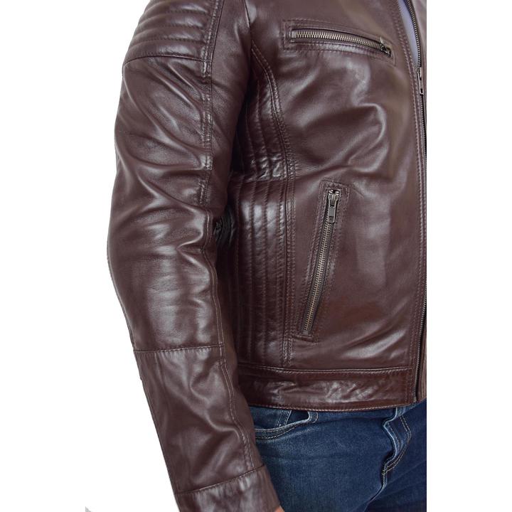 Mens Leather Cafe Racer Biker Jacket Ron Brown SI-154 - Image 7