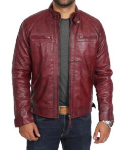Alternative view of Mens Biker Leather Jacket Standing Collar Bowie Burgundy SI-155