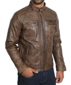 Alternative view of Mens Biker Leather Jacket Standing Collar Bowie Brown SI-156