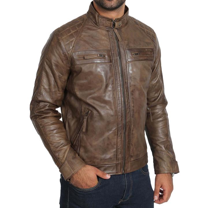 Mens Biker Leather Jacket Standing Collar Bowie Brown SI-156
