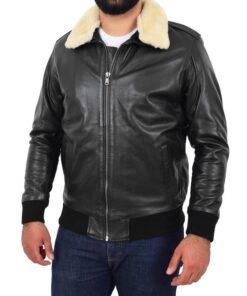 Alternative view of Mens Bomber Leather Jacket with Sheepskin Collar Viggo Black SI-237