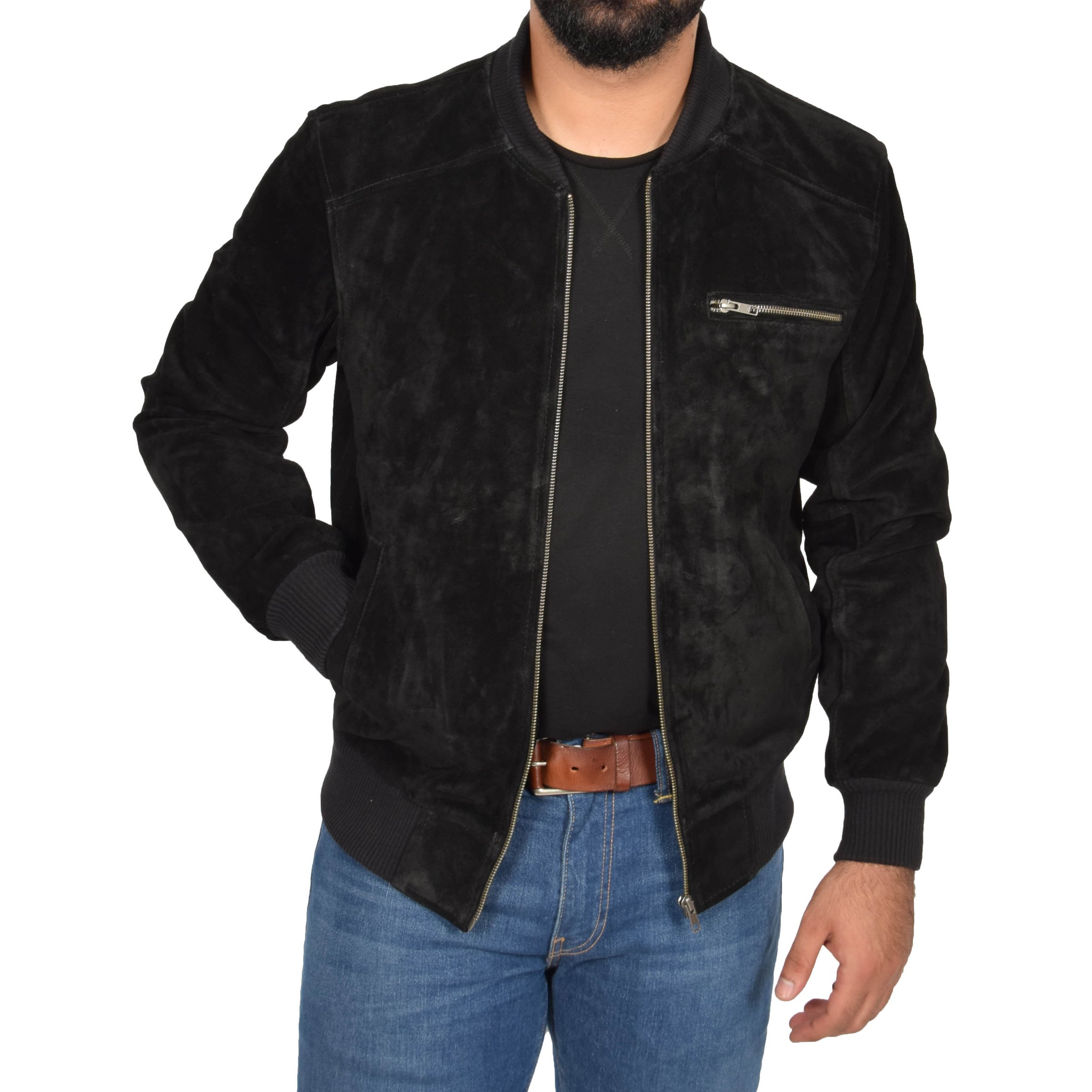 Mens Suede Bomber Varsity Jacket Reg Black SI-240 - Image 2