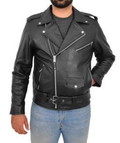 Mens Heavy Duty Leather Biker Brando Jacket Kyle Black SI-163