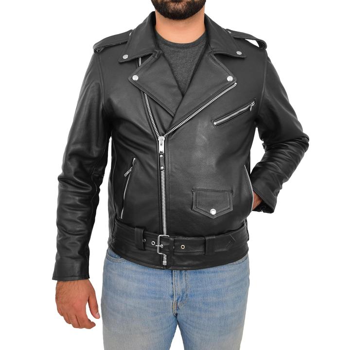 Mens Heavy Duty Leather Biker Brando Jacket Kyle Black SI-163