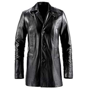 3-BUTTON TRENCH MEN’S BLACK LEATHER COAT SI-333 - Image 2