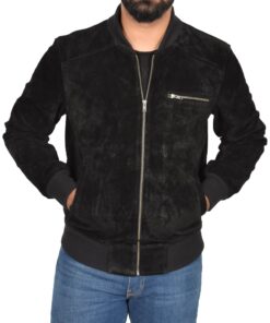 Mens Suede Bomber Varsity Jacket Reg Black SI-240