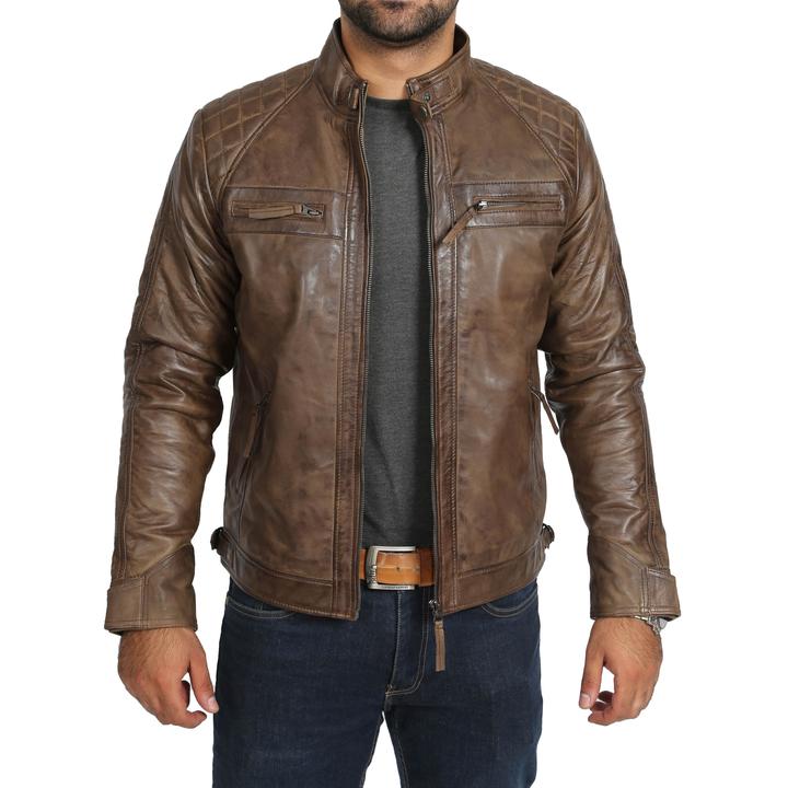 Mens Biker Leather Jacket Standing Collar Bowie Brown SI-156 - Image 4