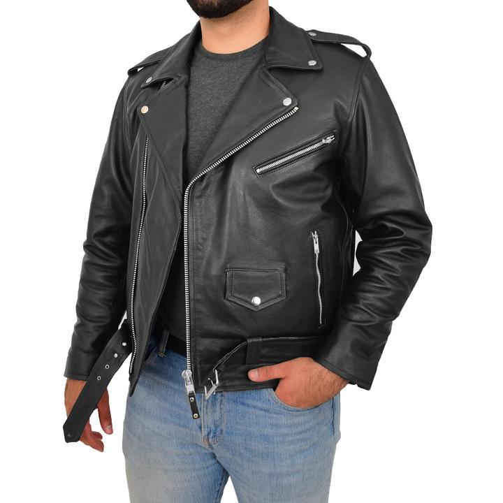 Mens Heavy Duty Leather Biker Brando Jacket Kyle Black SI-163 - Image 5