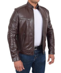 Mens Leather Cafe Racer Biker Jacket Ron Brown SI-154