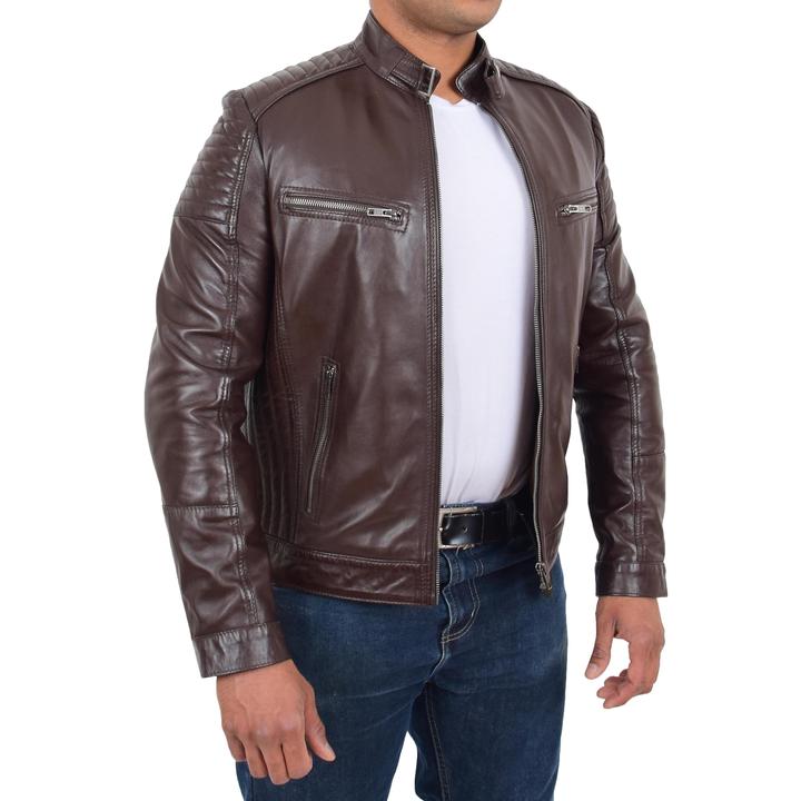 Mens Leather Cafe Racer Biker Jacket Ron Brown SI-154