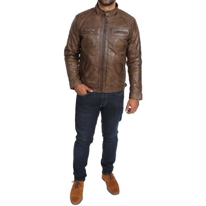 Mens Biker Leather Jacket Standing Collar Bowie Brown SI-156 - Image 5