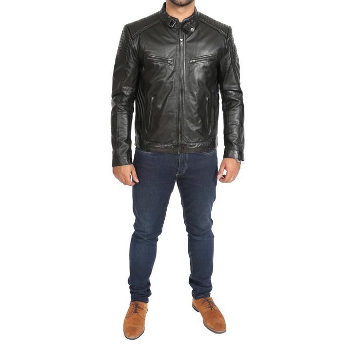 Mens Leather Cafe Racer Biker Jacket Ron Black SI-153 - Image 4