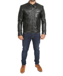 Mens Leather Cafe Racer Biker Jacket Ron Black SI-153