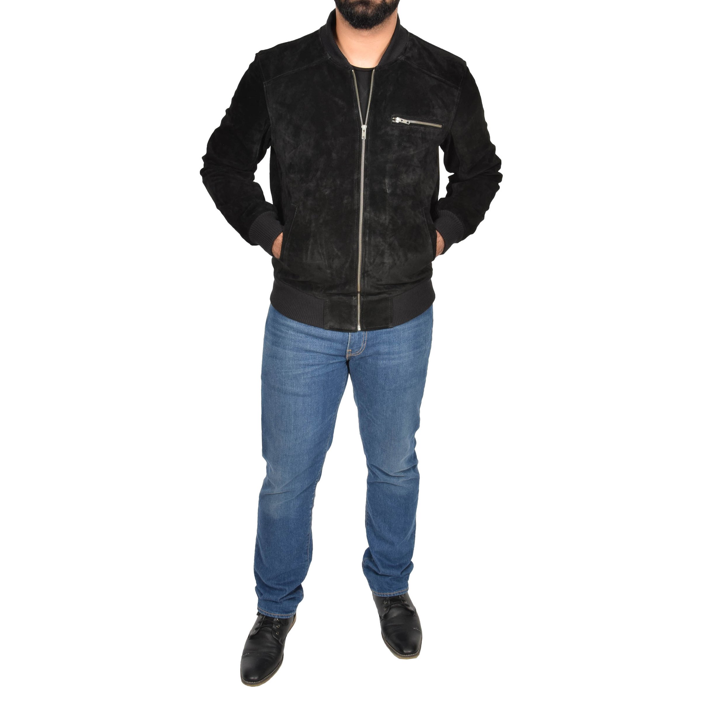 Mens Suede Bomber Varsity Jacket Reg Black SI-240 - Image 6