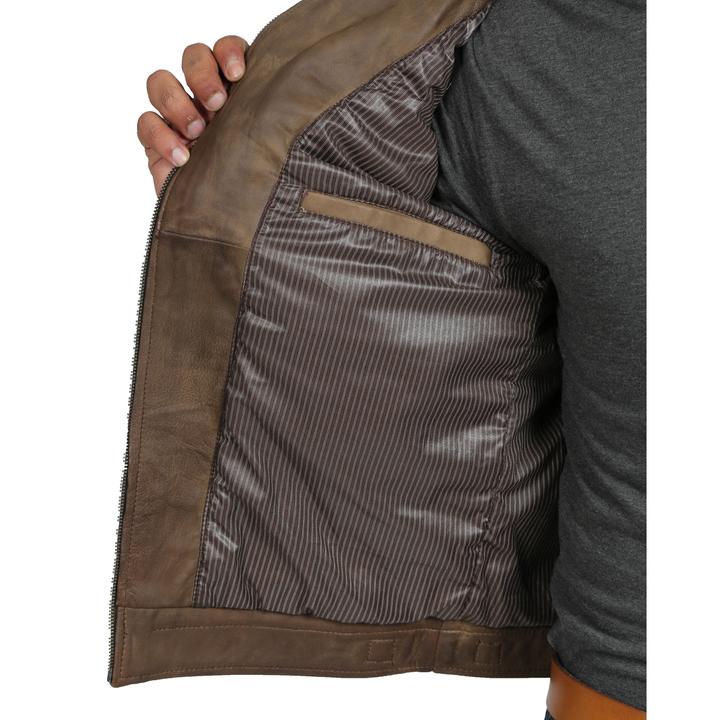 Mens Biker Leather Jacket Standing Collar Bowie Brown SI-156 - Image 7