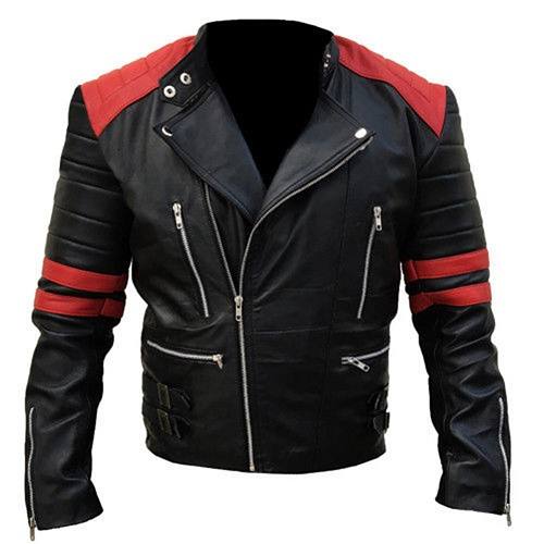 BRANDO BIKER BLACK & RED LEATHER JACKET SI-164 - Image 2