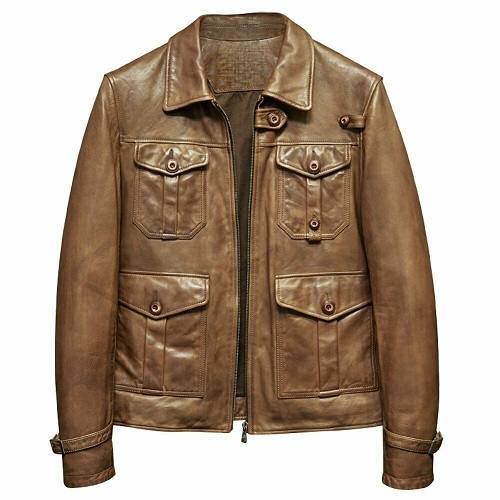 BROWN BIKER FOUR POCKET SHEEPSKIN LEATHER JACKET SI-174