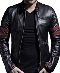 MEN BLACK BIKER LEATHER JACKET WITH RED STRIPES SI-168
