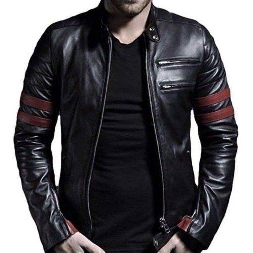 MEN BLACK BIKER LEATHER JACKET WITH RED STRIPES SI-168