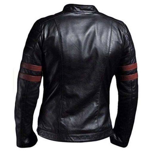MEN BLACK BIKER LEATHER JACKET WITH RED STRIPES SI-168 - Image 3