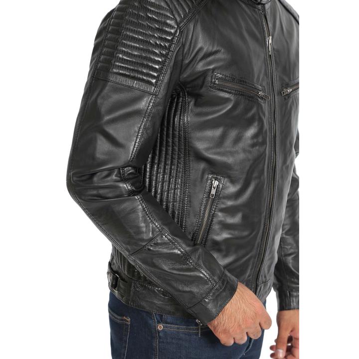 Mens Leather Cafe Racer Biker Jacket Ron Black SI-153 - Image 6