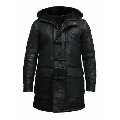 MEN’S BLACK DUFFLE FUR HOODED LEATHER COAT SI-326