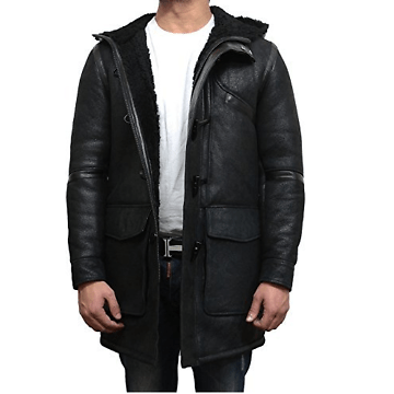 MEN’S BLACK DUFFLE FUR HOODED LEATHER COAT SI-326 - Image 3