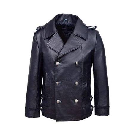 MEN’S LAPEL COLLARED LONG LEATHER COAT BLACK SI-329