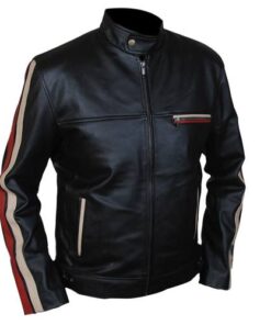 Alternative view of RED AND WHITE STRIPE BLACK LEATHER JACKET SI-178