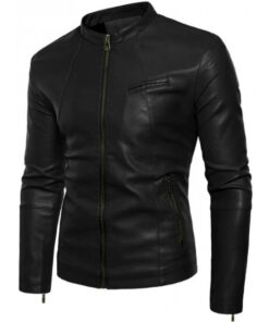 Alternative view of Black Leather Jacket with Small Collar SI-128