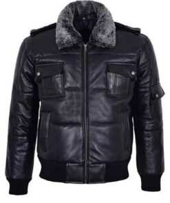 BLACK BOMBER FUR COLLARED LEATHER JACKET SI-220