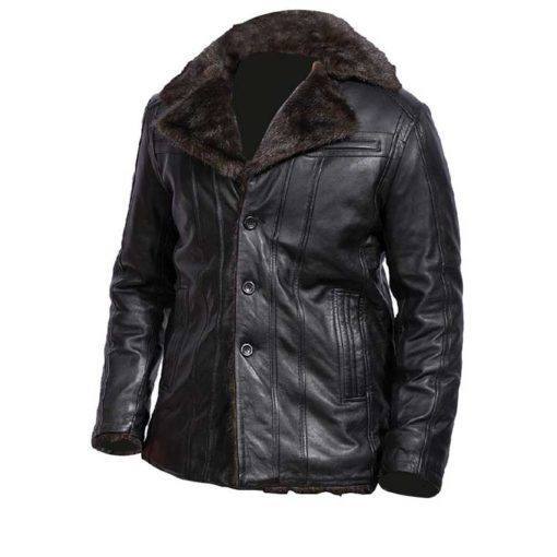 BLACK FUR COLLAR BOMBER LEATHER JACKET SI- 235 - Image 2