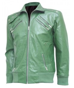 Green Bomber Men's Studded Leather Jacket SI-214