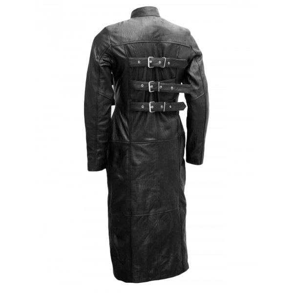 Long Belted Black Men's Leather Trench Coat SI-313 - Image 3
