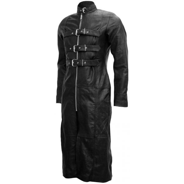 Long Belted Black Men's Leather Trench Coat SI-313 - Image 2
