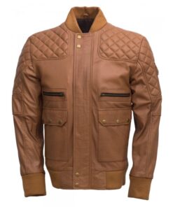 Men Tan Bomber Leather Quilted Jacket - Abbronzatura SI-217
