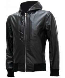 Alternative view of Exclusive Men's Black Bomber Leather Jacket with Hoodie SI-202